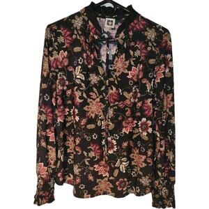 Anne Klein Fall Floral Ruffle Neck Blouse Elegant Boho Style Long Sleeve Medium